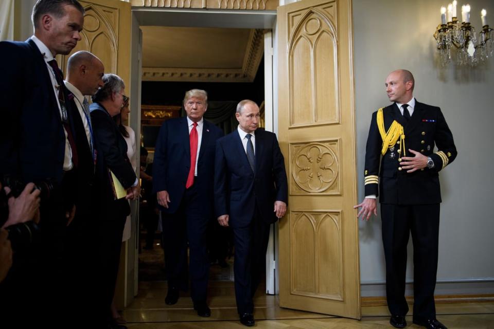 <div class="inline-image__caption"><p>President Donald Trump and Russia’s President Vladimir Putin arrive for a meeting at Finland’s Presidential Palace on July 16, 2018, in Helsinki.</p></div> <div class="inline-image__credit">Brendan Smialowski/AFP via Getty</div>