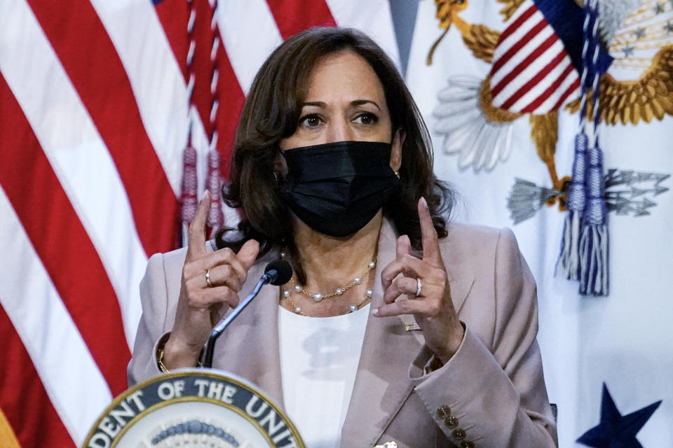 Vice President Kamala Harris speaks to Indiana Democratic legislators to discuss reproductive rights at the Indiana State Library in Indianapolis, Monday, July 25, 2022. The Indiana legislature is starting a special legislative session to address new abortion legislation and refunds to residents from the states budget surplus. (AP Photo/Michael Conroy)