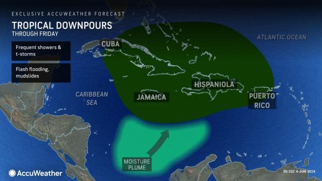 Showers from a tropical disturbance in the Caribbean are expected to bring rain to the area through June 7, 2024. The system has a slight chance of developing into a tropical depression or storm.