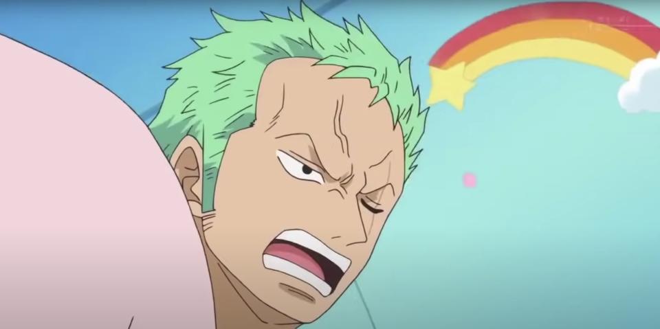 Zoro screams while carrying Marine officer Tashigi across the room