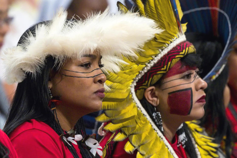 Participants in the Amazon synod attend a Mass celebrated by Pope Francis on the occasion of the World Missionary Day, at St. Peter's Basilica at the Vatican, Sunday, Oct. 20, 2019. (Angelo Carconi/ANSA via AP)