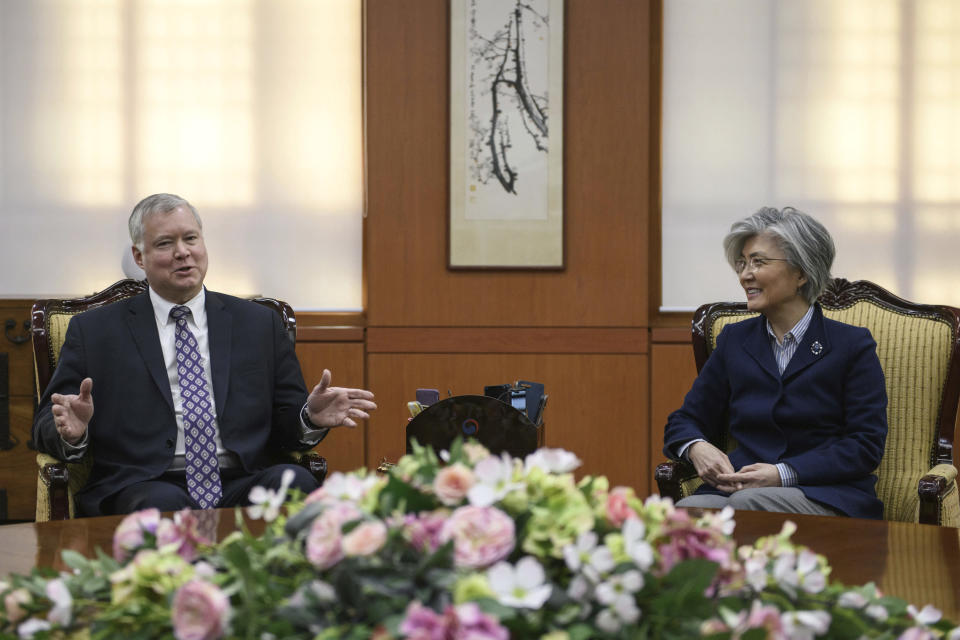 U.S. Special Representative for North Korea Stephen Beigun, left, gestures while speaking to South Korean Foreign Minister Kang Kyung-wha during their meeting at Foreign Ministry in Seoul Saturday, Feb. 9, 2019. Beigun returned from three days of talks in Pyongyang, North Korea, before the second summit between U.S. President Donald Trump and North Korean leader Kim Jong Un in Vietnam later this month. (Ed Jones/Pool Photo via AP)