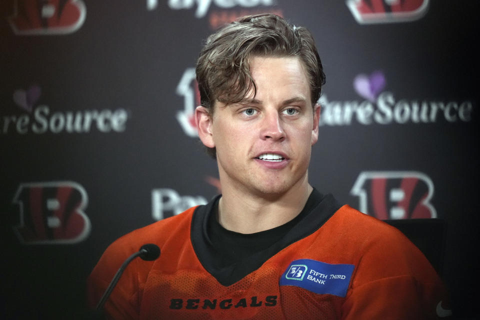 Cincinnati Bengals quarterback Joe Burrow speaks during a news conference following the NFL football team's practice, Tuesday, May 7, 2024, in Cincinnati. (AP Photo/Carolyn Kaster)