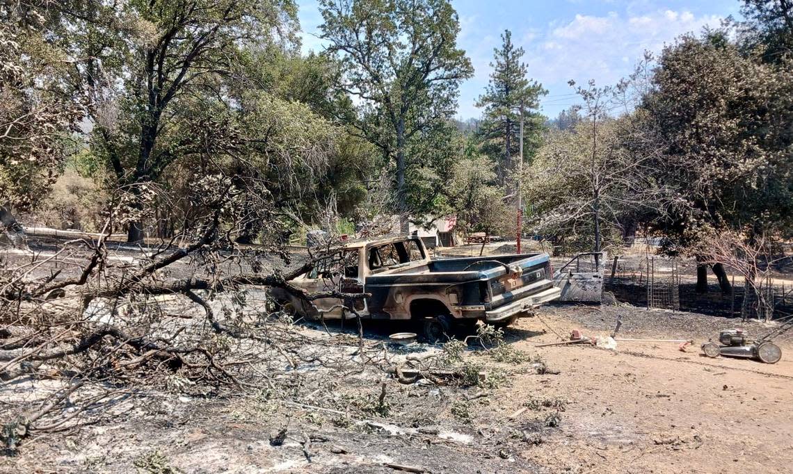 A truck burned by the 2022 Oak Fire at the Rocking Lazy DJ Bar Ranch off Triangle Road, east of Mariposa.