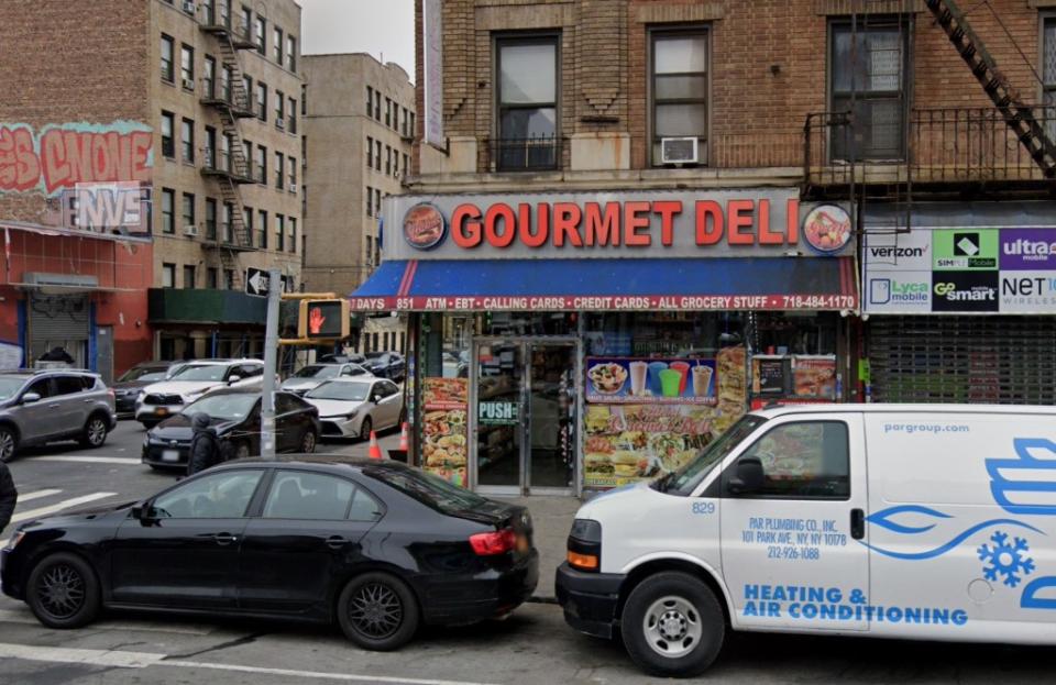 Police say an armed robber tried to mug a patron at Gourmet Deli in the Bronx on Easter Sunday — but a stray bullet killed an innocent bystander identified as 29-year-old Stefon Barnes. Google Maps