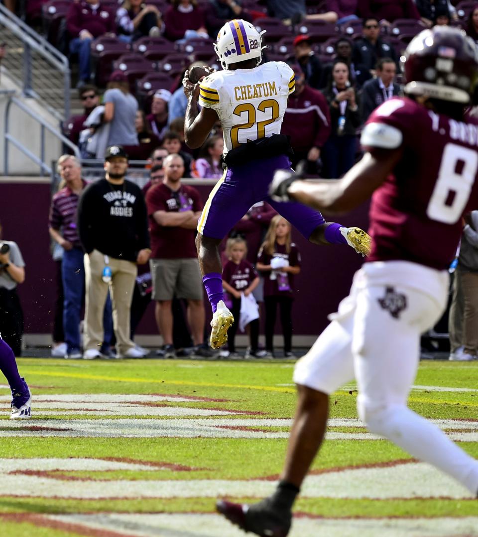 Prairie View Am Panthers safety Drake Cheatum (22) intercepts a pass against Texas A&M last November. Cheatum committed over the weekend to play for Kansas State in 2022.