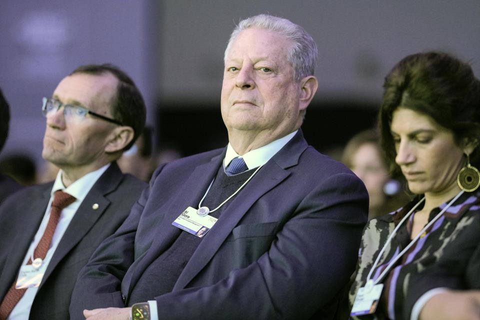 Former US Vice President Al Gore sits at the World Economic Forum in Davos, Switzerland, on Wednesday, Jan. 18, 2023. The annual meeting of the World Economic Forum is taking place in Davos from Jan. 16 until Jan. 20, 2023. (AP Photo/Markus Schreiber)