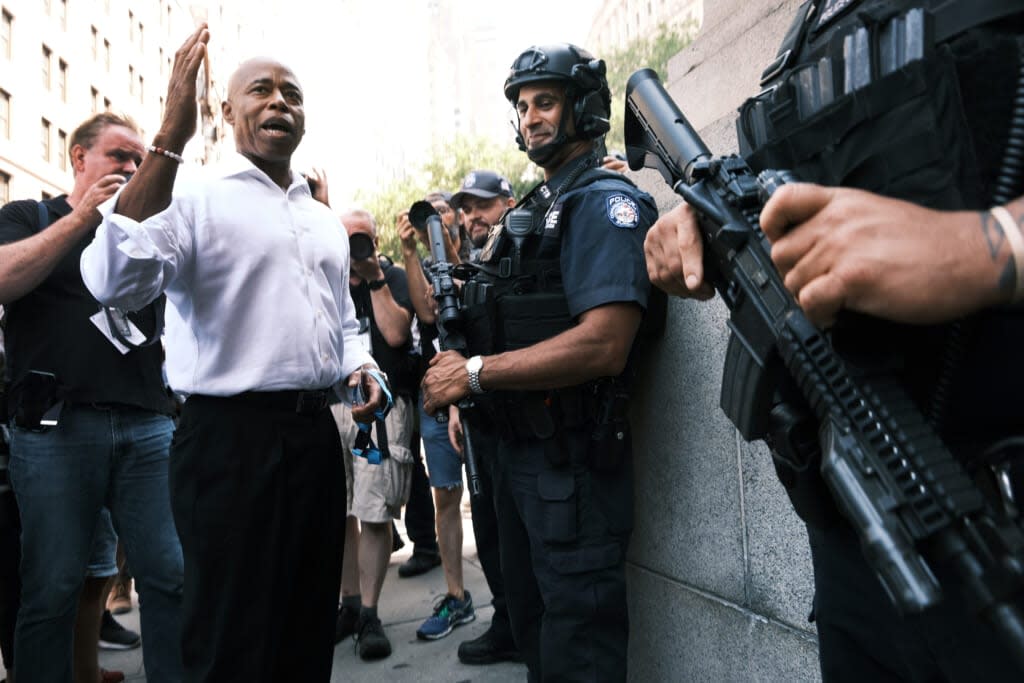 New York City Democratic mayoral nominee Eric Adams joins hundreds of police, fire, hospital and other first responder workers in a ticker tape parade along the Canyon of Heroes to honor the essential workers who helped navigate New York through Covid-19 on July 07, 2021 in New York City. (Photo by Spencer Platt/Getty Images)