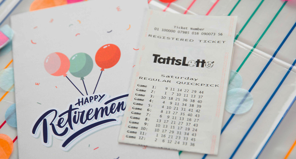 In this image a lottery ticket is seen in front of a 'happy retirement' card. 