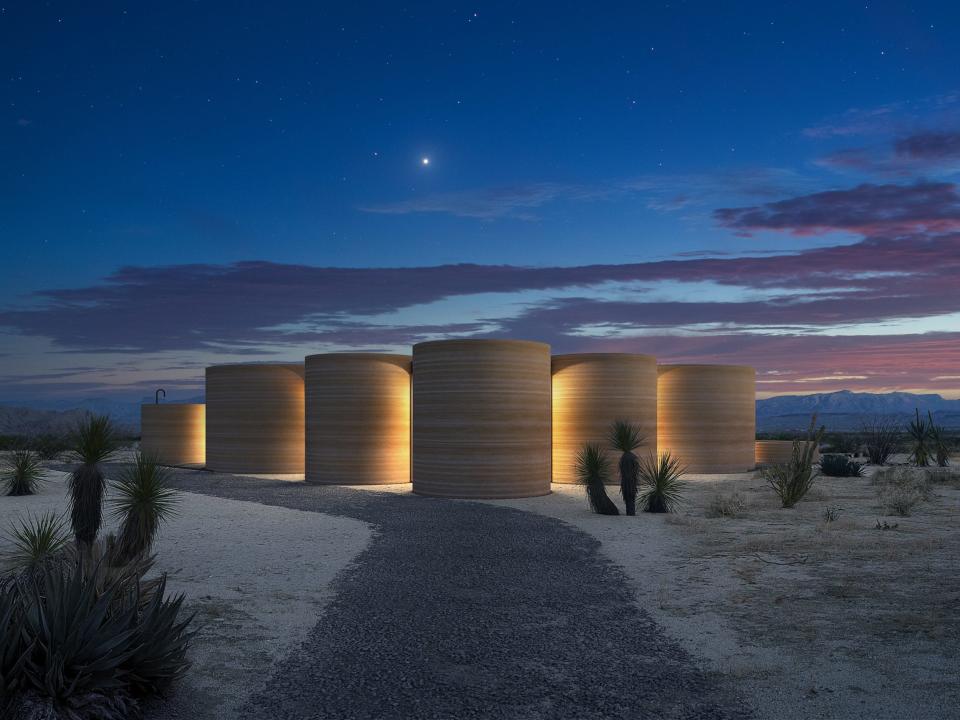 Renderings of the El Cosmico property shows homes at night.