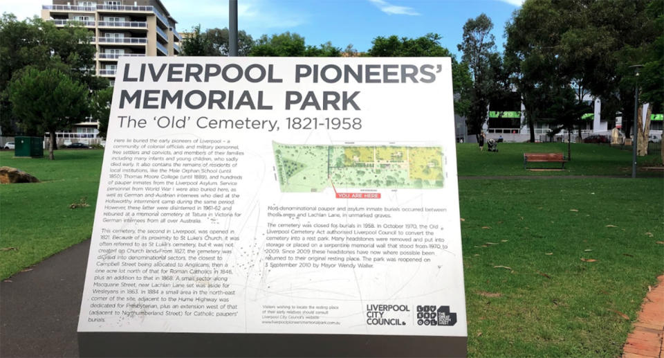 A sign at Liverpool Pioneers' Memorial Park.