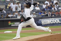 New York Yankees' Luis Severino pitches during the first inning of the team's baseball game against the Houston Astros, Friday, June 24, 2022, in New York. (AP Photo/Bebeto Matthews)