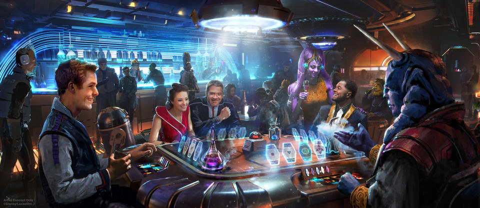 In the Sublight Lounge, a bar located off the Halcyon's atrium, guests can drink a space-themed cocktail or sit at a holographic game table. (Photo: Disney/Lucasfilm Ltd.)
