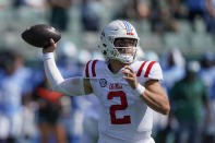 Mississippi quarterback Jaxson Dart (2) passes In the first half of an NCAA college football game against Tulane in New Orleans, Saturday, Sept. 9, 2023. (AP Photo/Gerald Herbert)