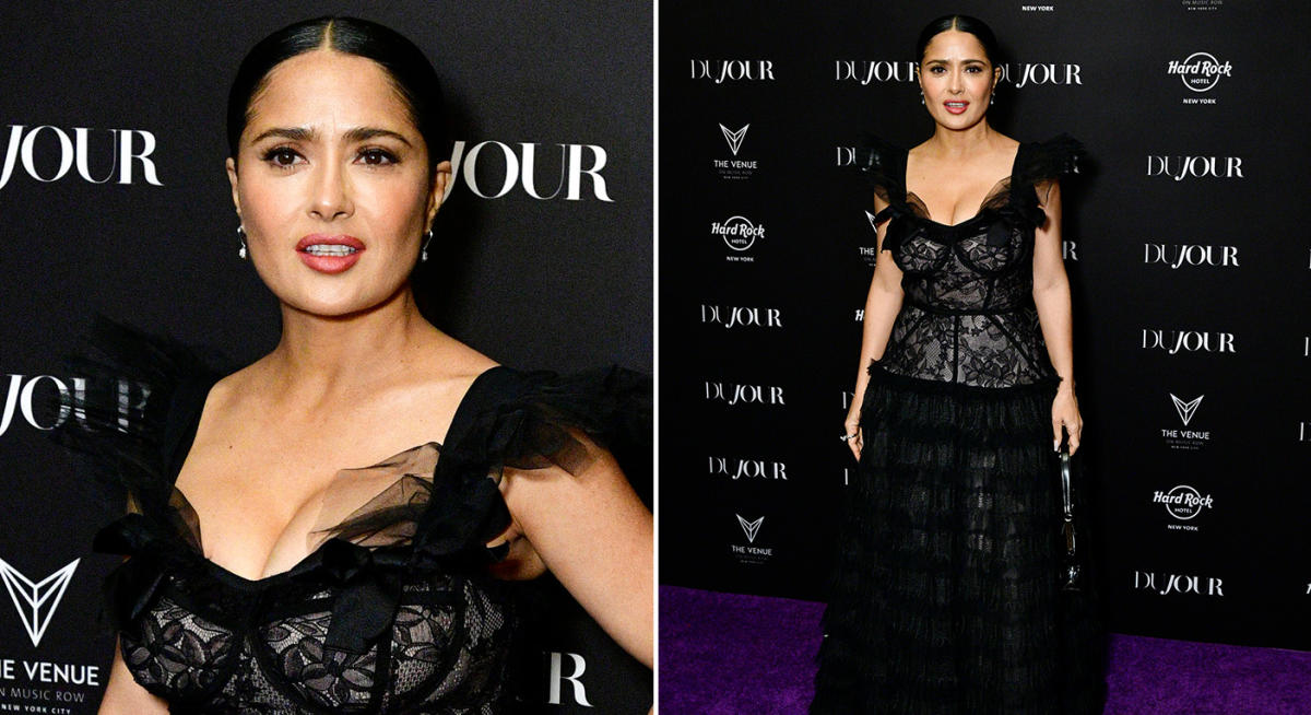 Salma Hayek's Sheer Corset Dress Features Strategically Placed  Embellishments and Lots of Tulle—See Pics