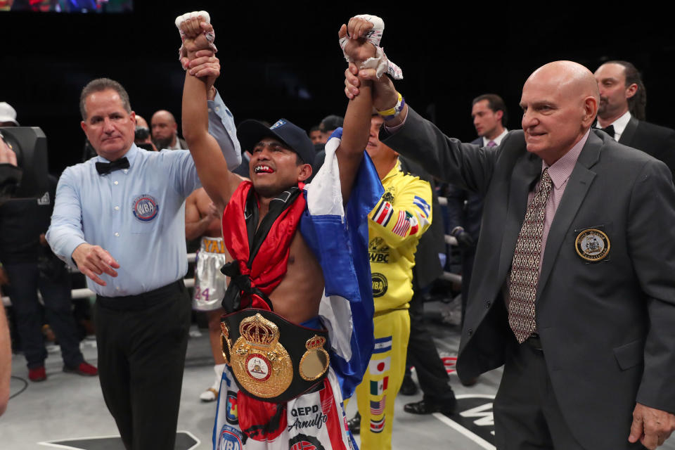 FRISCO, TEXAS - FEBRUARY 29: Roman Gonzalez celebrates after beating Khalid Yafai in an eighth round TKO in a WBA Super Flyweight World Championship bout at The Ford Center at The Star on February 29, 2020 in Frisco, Texas. (Photo by Tom Pennington/Getty Images)