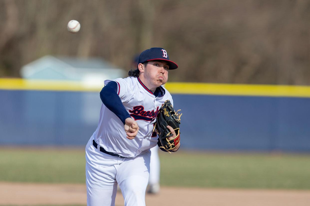 Brookdale's Tyler Spencer pitches during the Rowan College of South Jersey - Cumberland vs. Brookdale baseball game at Brookdale Community College in Lincroft, NJ Monday, March 18, 2024.