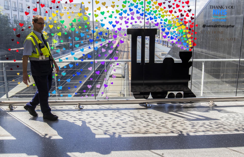 ScotRail staff at Edinburgh's Haymarket Station have decorated a window in tribute to the NHS as the UK continues in lockdown to help curb the spread of the coronavirus.