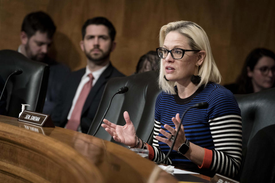 Senator Kyrsten Sinema, a Democrat from Arizona, speaks during a Senate Homeland Security Committee hearing on Capitol Hill in Washington, D.C., U.S., on Thursday, March 5, 2020. (Sarah Silbiger/Bloomberg via Getty Images)