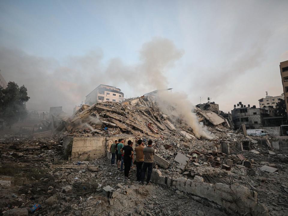 A view of debris after Israeli fighter jets destroyed 14-storey building in Gaza on October 8, 2023.