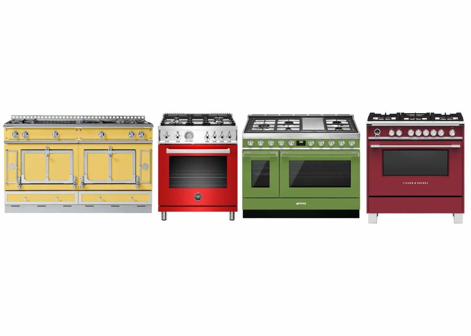 (L-R): La Cornue château 150 range; from $51,300. lacornueusa.com. Bertazzoni professional series range; $4,294. bertazzoni.com. Smeg portofino pro-style range; $7,699. smegusa.com. Fisher & Paykel dual fuel range; $6,949. fisherpaykel.com.