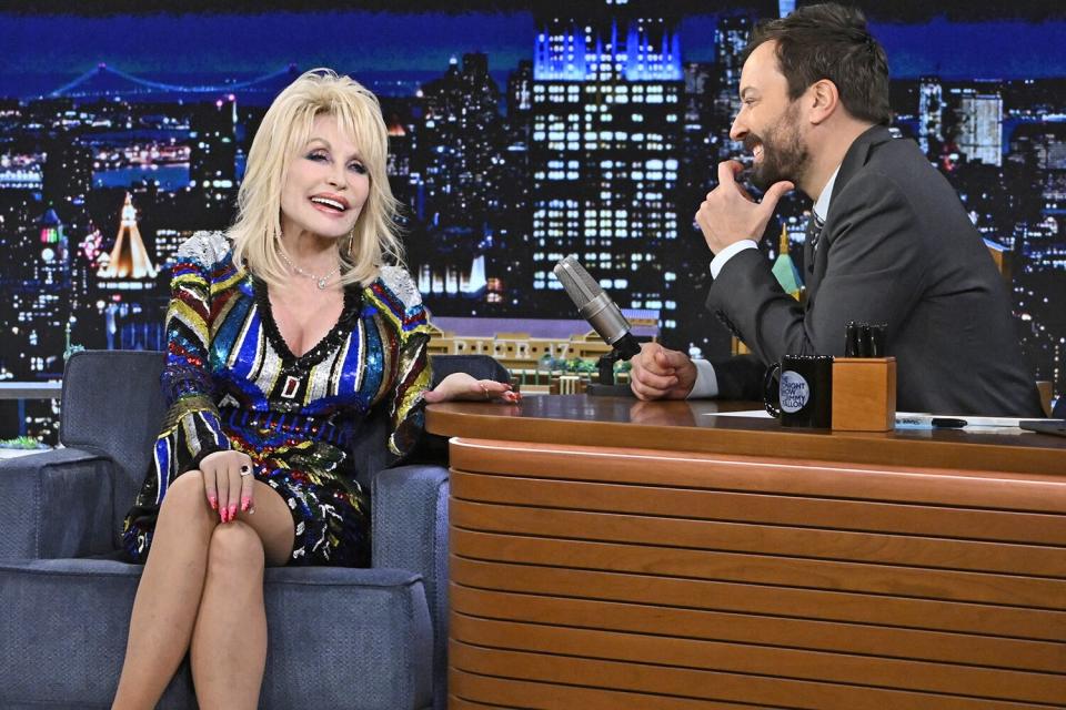 THE TONIGHT SHOW STARRING JIMMY FALLON -- Episode 1756 -- Pictured: (l-r) Singer-songwriter Dolly Parton during an interview with host Jimmy Fallon on Wednesday, November 30, 2022 -- (Photo by: Todd Owyoung/NBC)