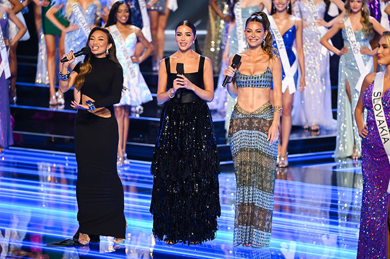 (L-R): Jeannie Mai, Olivia Culpo and Maria Menounos host Miss Universe 2023 on Nov. 18 in San Salvador, El Salvador.