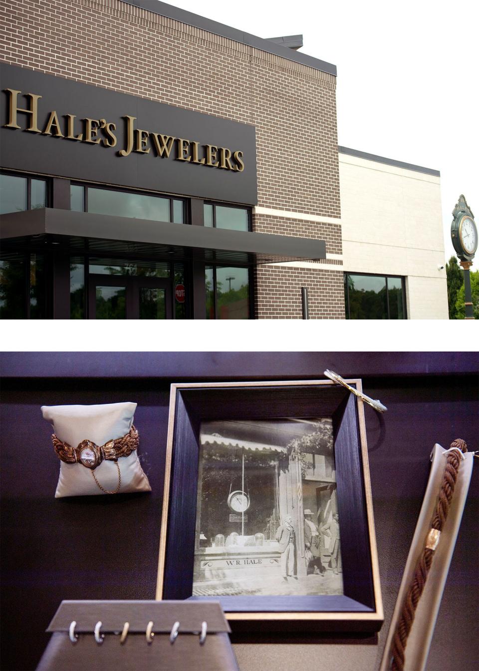 Hale's Jewelers has been in business since 1856 in Greenville, S.C. "Mourning jewelry", or Victorian braided hair jewelry, is seen in a display with a historic photo of Hale's on Monday, July 22, 2024. The Heritage Braid Collection is a braided jewelry inspired by Hale's history of creating braided hair jewelry.