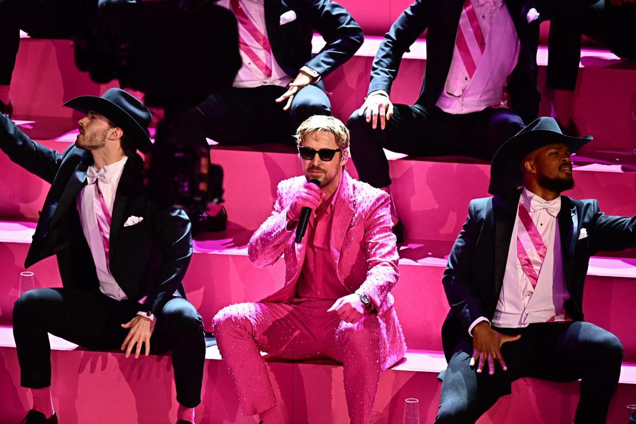 Ryan Gosling decked out in pink and performing "I'm Just Ken" at the 96th Academy Awards.