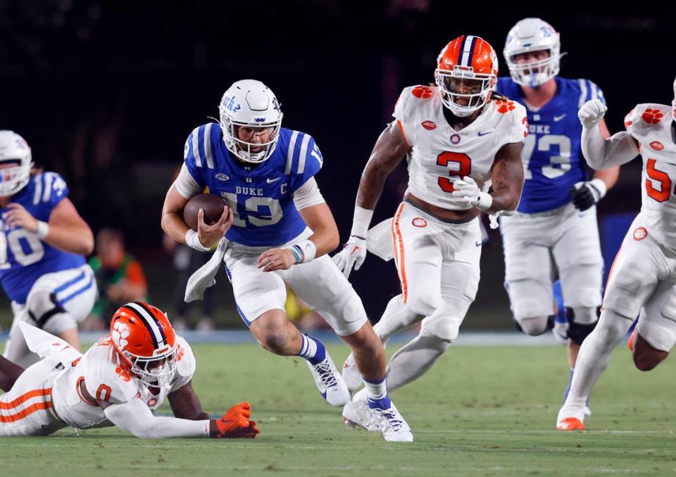 Duke’s Riley Leonard runs the ball during the first half of the Blue Devils’ season opening game against Clemson on Monday, Sept. 4, 2023, at Wallace Wade Stadium in Durham, N.C.