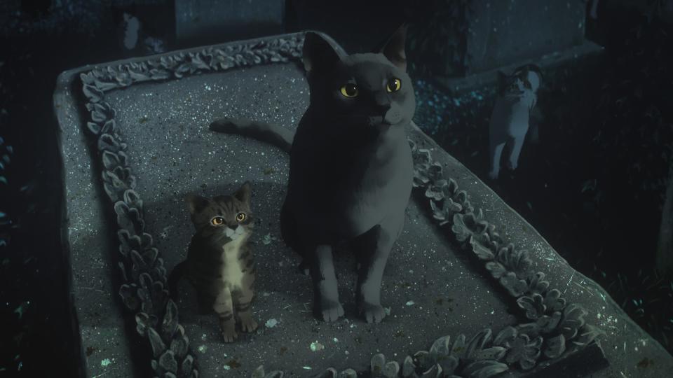 The Tabby Kitten (voiced by Rosie Day, left) and the Grey Cat (David Gyasi) listen intently to a wise Siamese prophet in an episode of Netflix's "The Sandman."