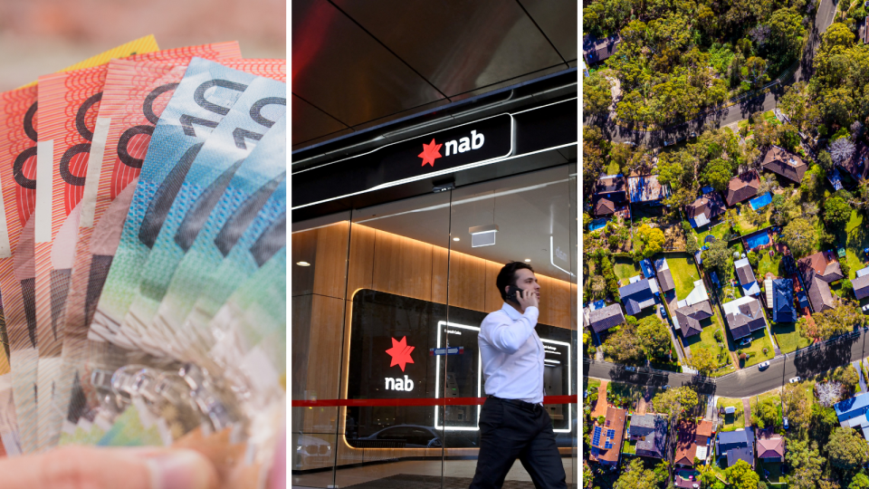 Australian money, a NAB branch and the aerial view of an Australian suburb.