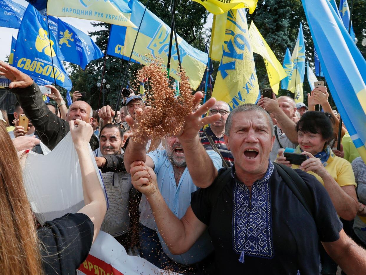 Protesters throw buckwheat as a symbol of corrupted elections during a recent rally near parliament in Kiev: EPA/Sergey Dolzhenko