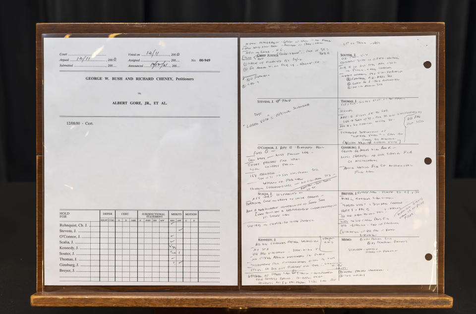 Papers of the late Supreme Court Justice John Paul Stevens are displayed, including his notes during Bush v. Gore, that will be made available to researchers at the Library of Congress, in Washington, Monday, May 1, 2023. (AP Photo/J. Scott Applewhite)