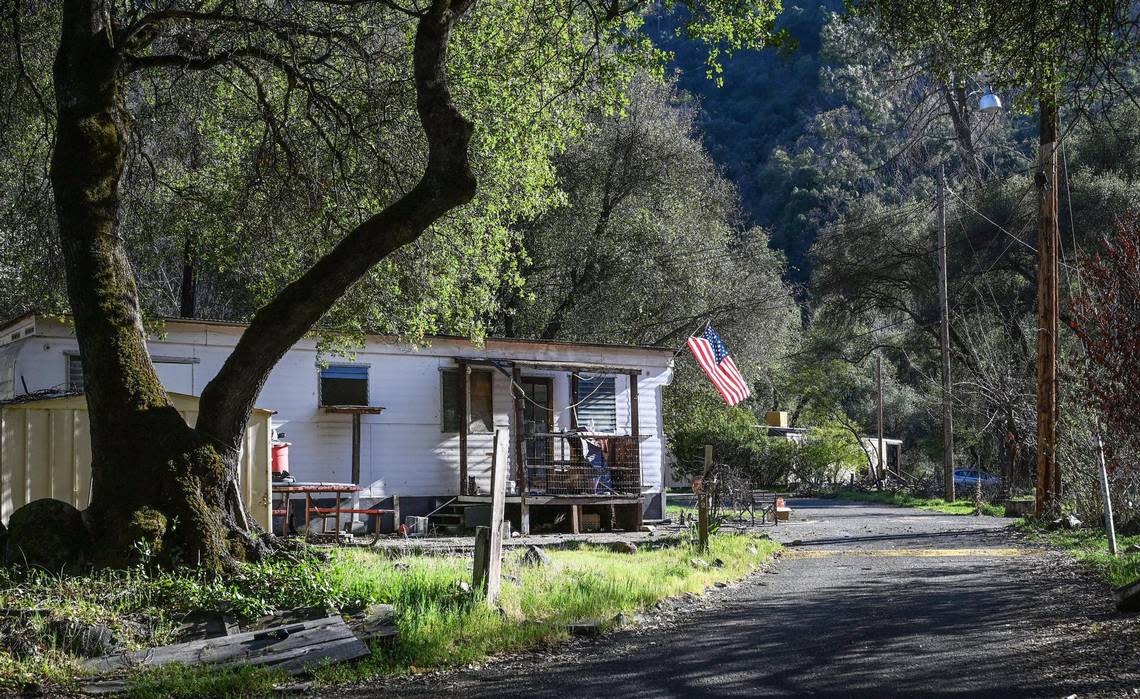 Mobile homes line a quiet street in the El Portal Trailer Park near Yosemite National Park on Sunday, March 13, 2022. Residents were forced to move by the National Park Service, which owns the land the homes are on.