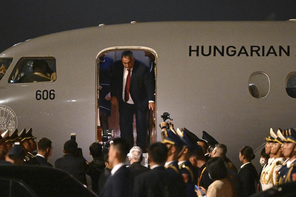 Hungarian Prime Minister Viktor Orban arrives at Beijing's airport ahead of the Belt and Road Forum in the Chinese capital on Sunday, Oct. 15, 2023. (Jade Gao/Pool Photo via AP)