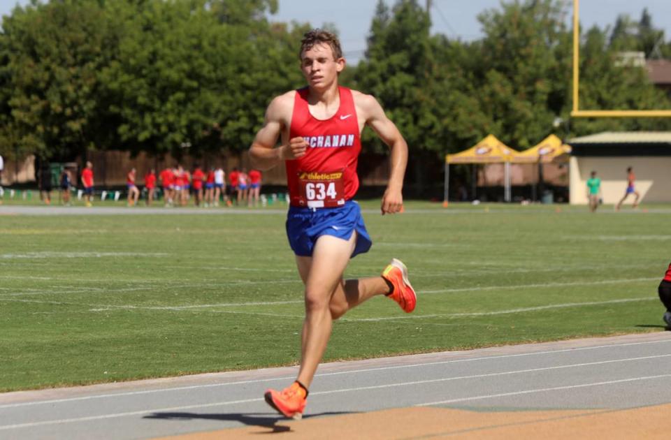 Buchanan High senior Ryan Kunkel finished first in 9:37.53 in the senior boys race of the Kingsburg 2 Mile cross country meet at Kingsburg High on Sept. 9, 2023.