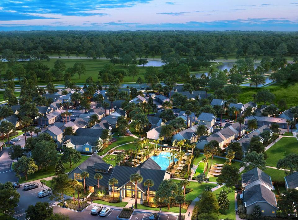 This rendering shows Stillwell, a 274-home rental community, along with a 5,000-square-foot clubhouse. The gated community will only offer rental homes. Columbus, Ohio-based Coastal Ridge Real Estate recently broke ground on the project. The first homes may be complete as soon as early 2023.