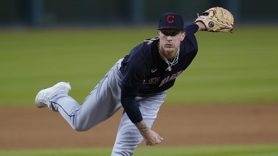 Cleveland Indians pitcher Zach Plesac throws against the Detroit Tigers in the eighth inning of a baseball game in Detroit, Friday, Sept. 18, 2020. (AP Photo/Paul Sancya)