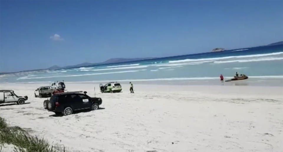 Emergency services at the scene of a fatal shark attack near Wylie Bay in Western Australia.