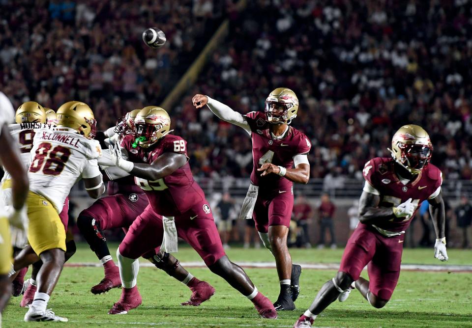 Sep 2, 2024; Tallahassee, Florida, USA; Florida State Seminoles quarterback DJ Uiagalelei (4) throws the ball in the first half against the Boston College Eagles at Doak S. Campbell Stadium. Mandatory Credit: Melina Myers-USA TODAY Sports