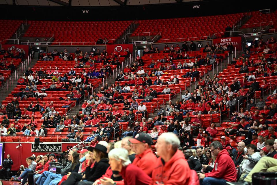 Utah Utes fans sit in their seats watching as Utah and Washington play at the Huntsman Center at the University of Utah in Salt Lake City on Sunday, Dec. 31, 2023. | Scott G Winterton, Deseret News