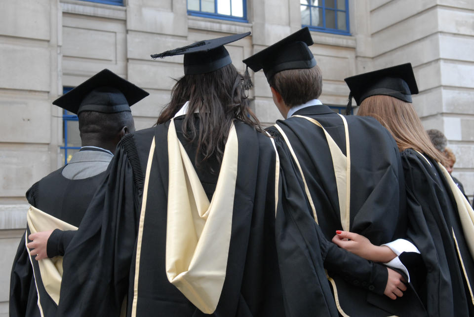 Students from the LSE (London School of Economics) on Graduation Day outside the college in central London, 18/12/2007. Student university graduate graduating robe robes mortar board boards anonymous women girls men backs black (Photo by Jeff Overs/BBC News & Current Affairs via Getty Images)