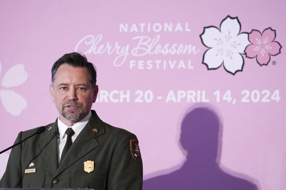 Jeffrey Reinbold, National Park Service Superintendent for the National Mall and Memorial Parks, speaks before announcing the peak bloom for the cherry blossoms during a news conference in Washington, Thursday, Feb. 29, 2024. (AP Photo/Susan Walsh)