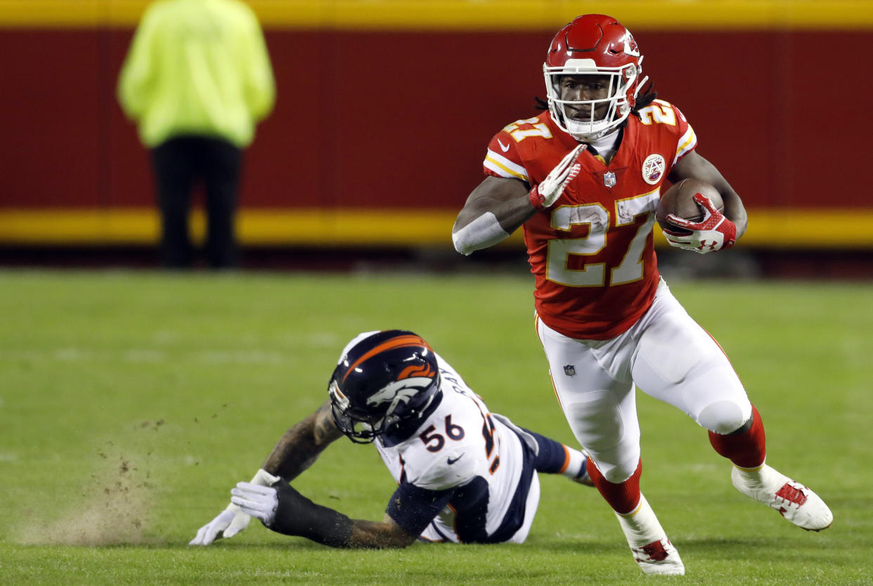 Numbers suggest Kansas City Chiefs running back Kareem Hunt should find the end zone more down the stretch. (AP Photo/Colin E. Braley, File)