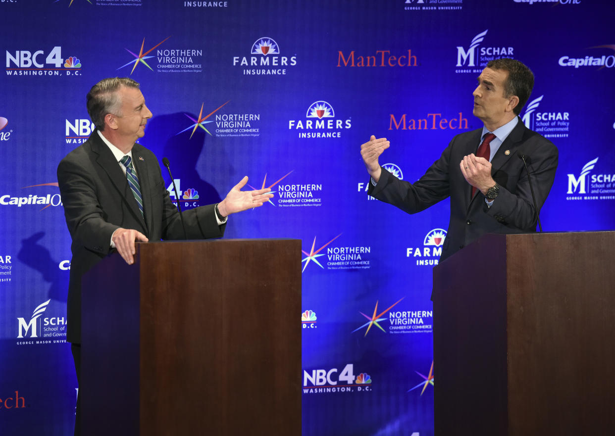 A gubernatorial debate takes place between Republican candidate Ed Gillespie, left, and Democratic Lt. Gov. Ralph Northam on Sept.&nbsp;19 in McLean, Virginia. (Photo: The Washington Post via Getty Images)