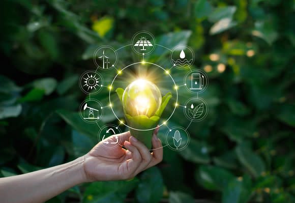 A person holding a plant with a bright lightbulb in it surrounded by icons for energy such as a solar panels and wind turbines.