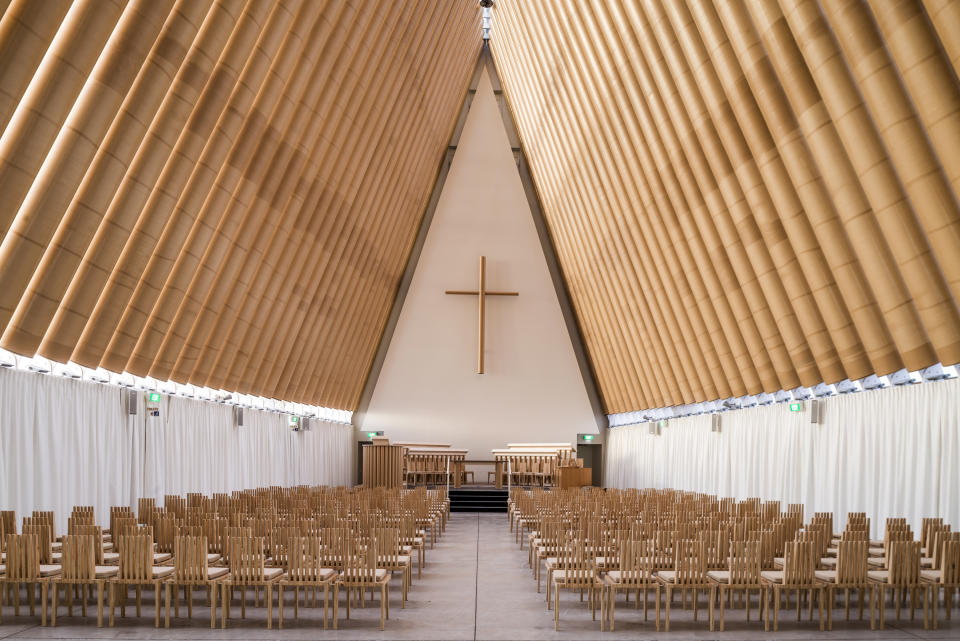This undated image released by the Pritzker Prize shows a cardboard cathedral in New Zealand designed by Tokyo-born architect Shigeru Ban, 56, the recipient of the 2014 Pritzker Architecture Prize. (AP Photo/Pritzker Prize, Stephen Goodenough)
