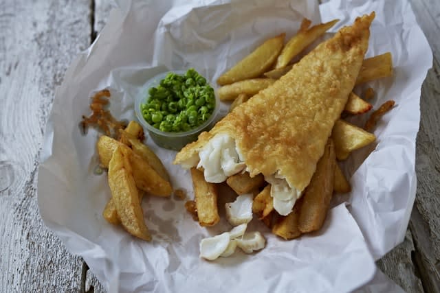 Fish, chips and mushy peas