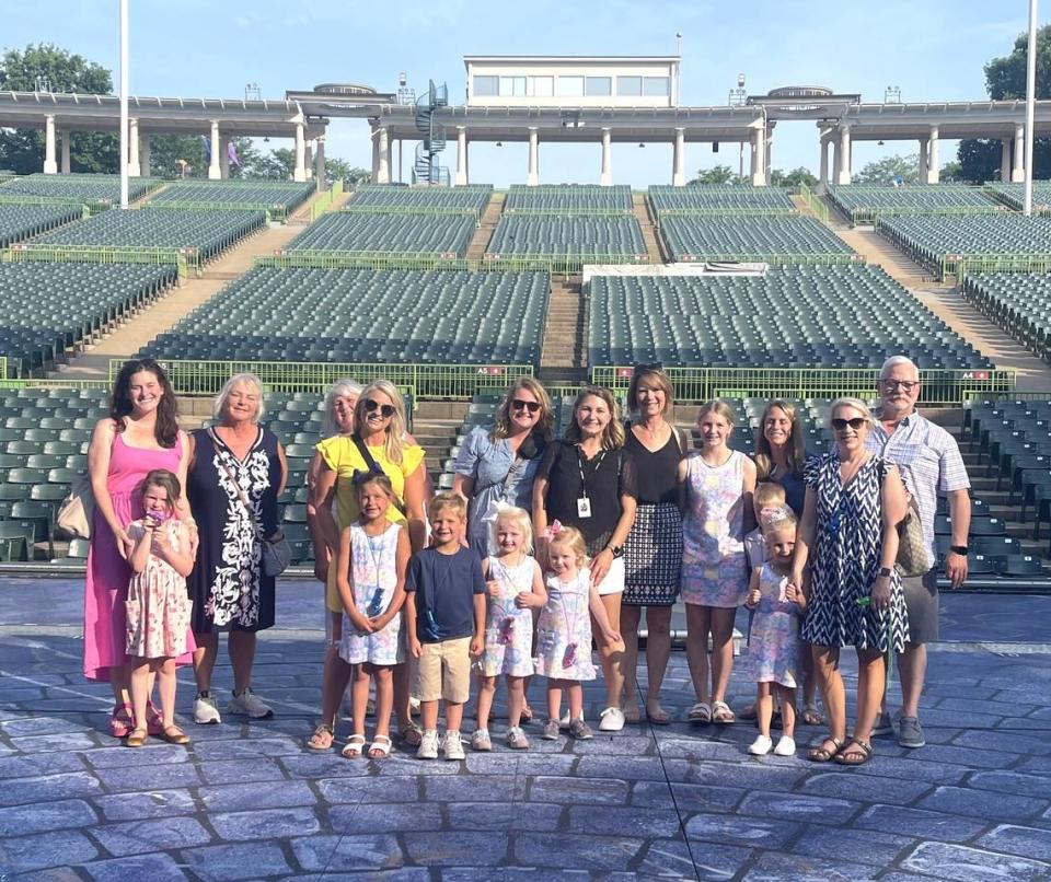 Ann Beyersdorfer’s family before “Beauty and the Beast” at the Muny this June. Back row (left to right): Kelly Keefe (cousin in law), Suzanne Mitchell (aunt), Donna Keefe (aunt), Ellen Harpstrite (cousin), Katie Varel (cousin), (me) Ann Beyersdorfer, Valerie Beyersdorfer (my mom), Kennedy Keefe (cousin), Erin Keefe (cousin in law), Amanda Lovelace (cousin in law), Kevin Beyersdorfer (my dad) Front row: Isla Keefe, Charlotte Harpstrite, Harrison Harpstrite, Maggie Varel, Molly Varel, Charlie Keefe, Nora Keefe.